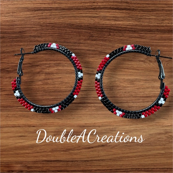 Red Black and White Beaded 1 1/4” Hoops, New, Handmade by Me - Picture 1 of 6
